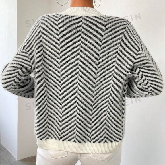SHEIN Striped Black and White Cardigan Sweater - Picture 2 of 3